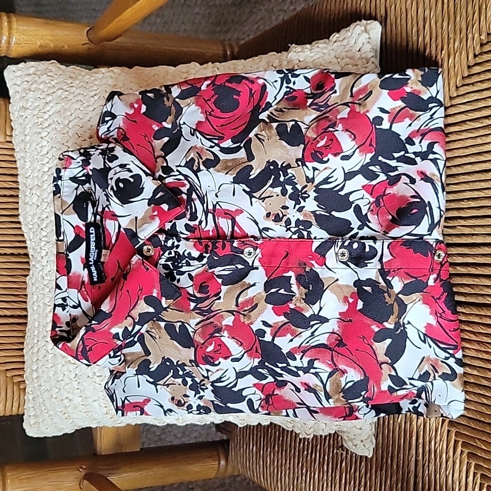 Karl Lagerfeld red/black/brown, long sleeve floral blouse, M